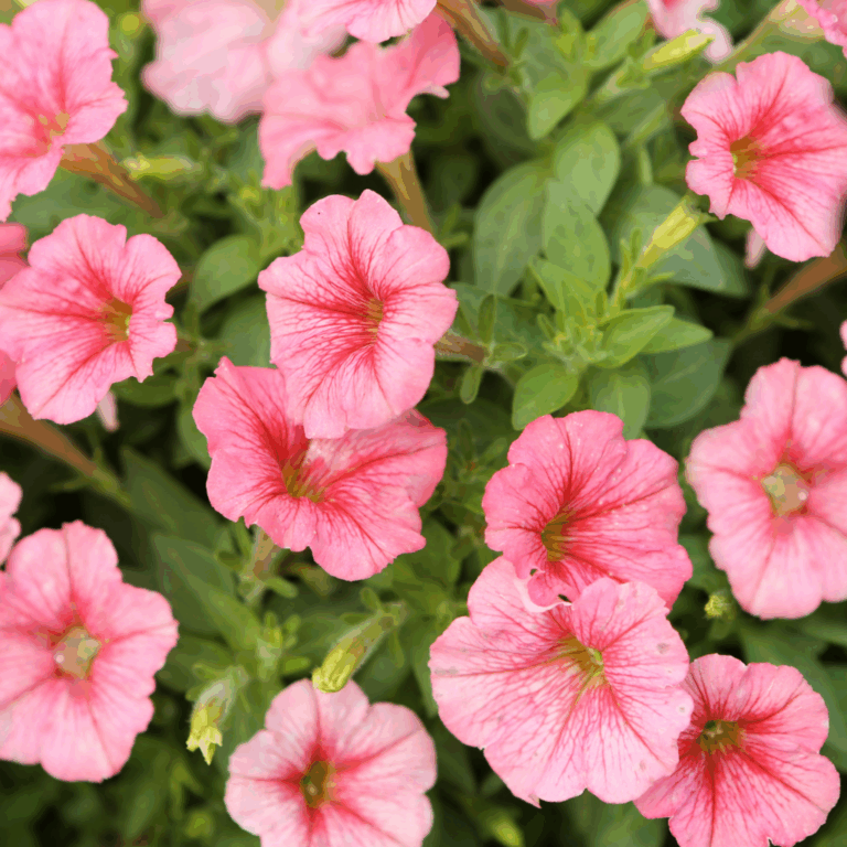 Lush cluster of pink petunias with vibrant green leaves