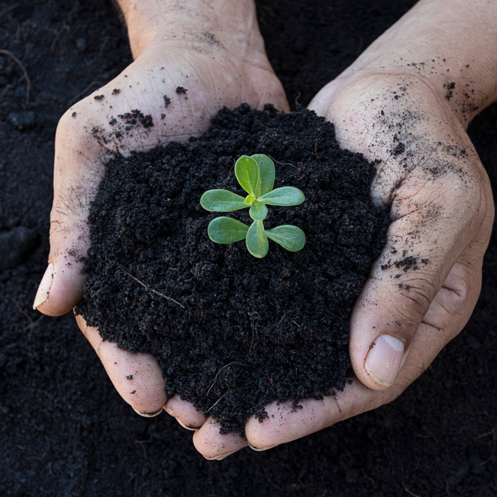 Hands holding rich soil with a small green seedling