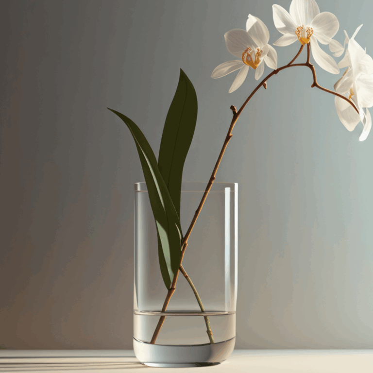 Clear glass vase with a single white orchid and green leaves against a soft neutral background.