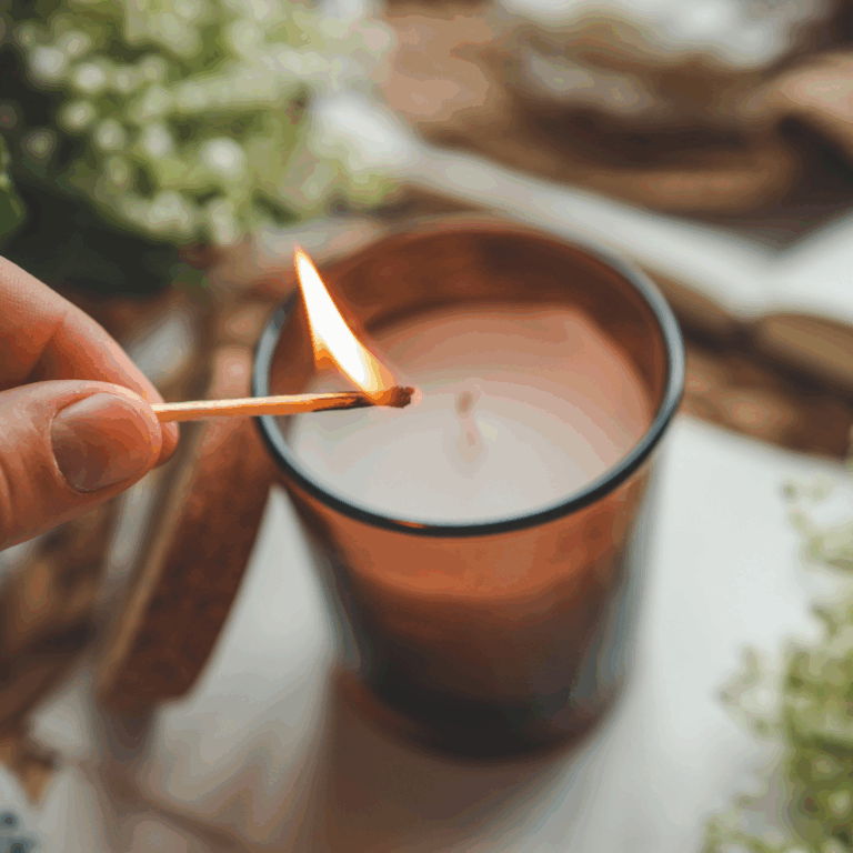 Hand lighting a brown glass candle with a matchstick