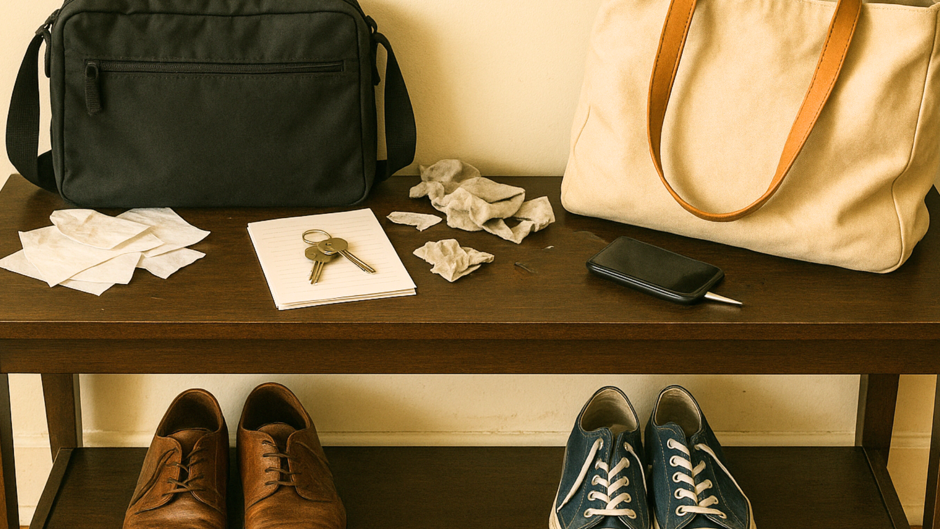 Messy wooden entryway shelf with bags, shoes, keys, and tissues