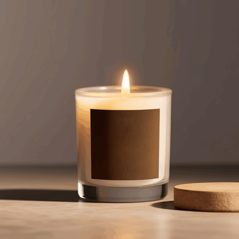 Lit scented candle in a frosted glass jar with a wooden lid beside it on a warm-toned surface.