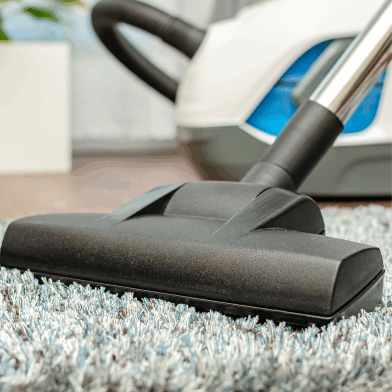 Close-up of a vacuum cleaner head on a soft, textured carpet.