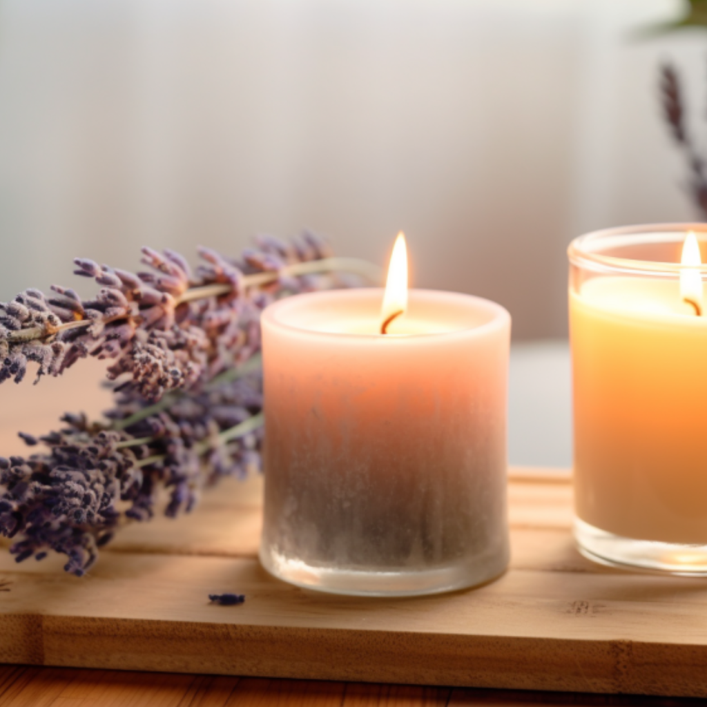 Lit lavender-scented candles on a wooden tray with lavender sprigs