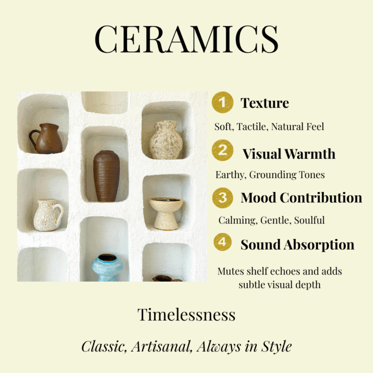 Ceramic vases and pottery arranged in a textured white wall shelf