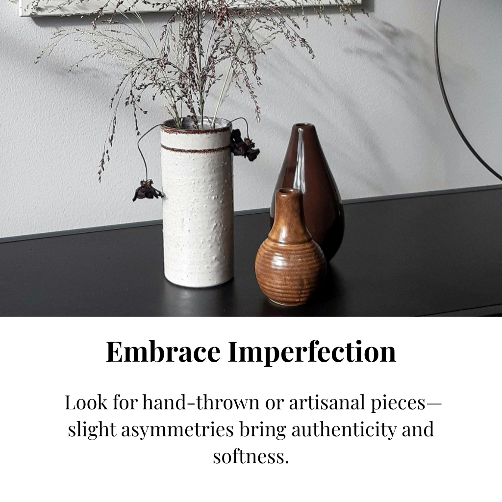 Wabi-sabi-inspired ceramic decor beside a woven lampshade.