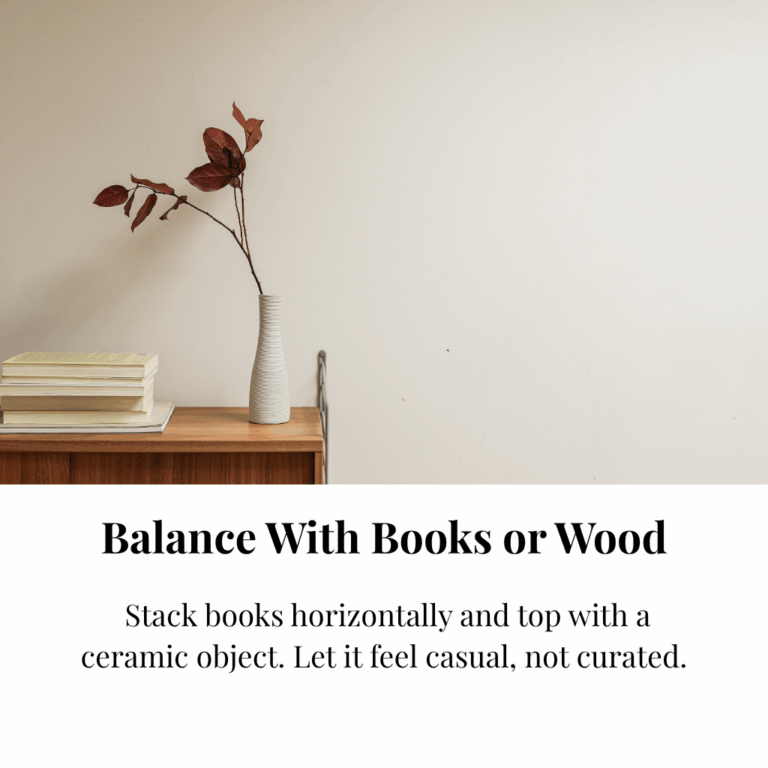 Minimalist ceramic vase with dried red leaves on a wooden console table.