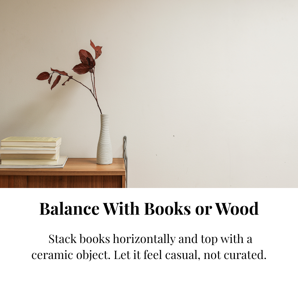 Minimalist ceramic vase with dried red leaves on a wooden console table.