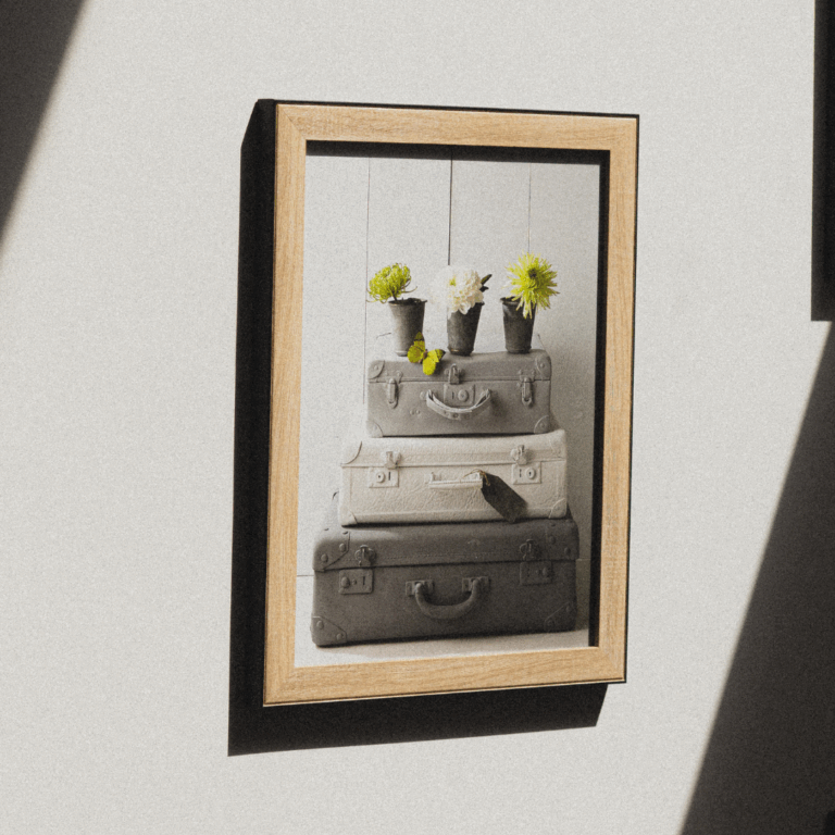 Framed art print showing stacked vintage suitcases with potted flowers on top, against a bright background.
