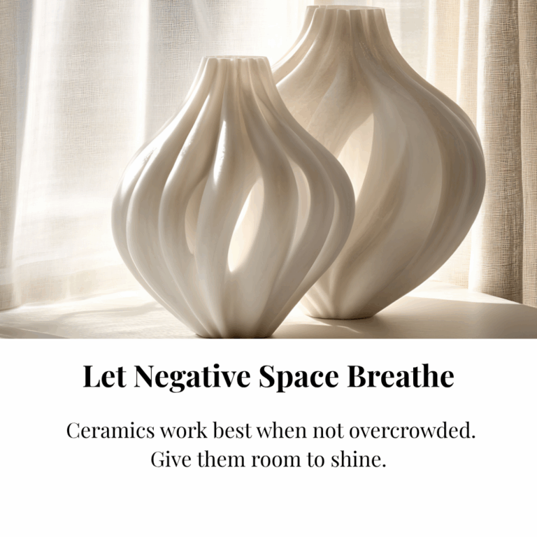 Sculptural white ceramic vases with soft light filtering through sheer curtains.