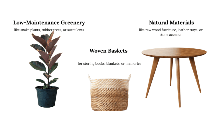 Rubber plant, woven basket, and round wooden table showing low-maintenance greenery, woven baskets, and natural materials.