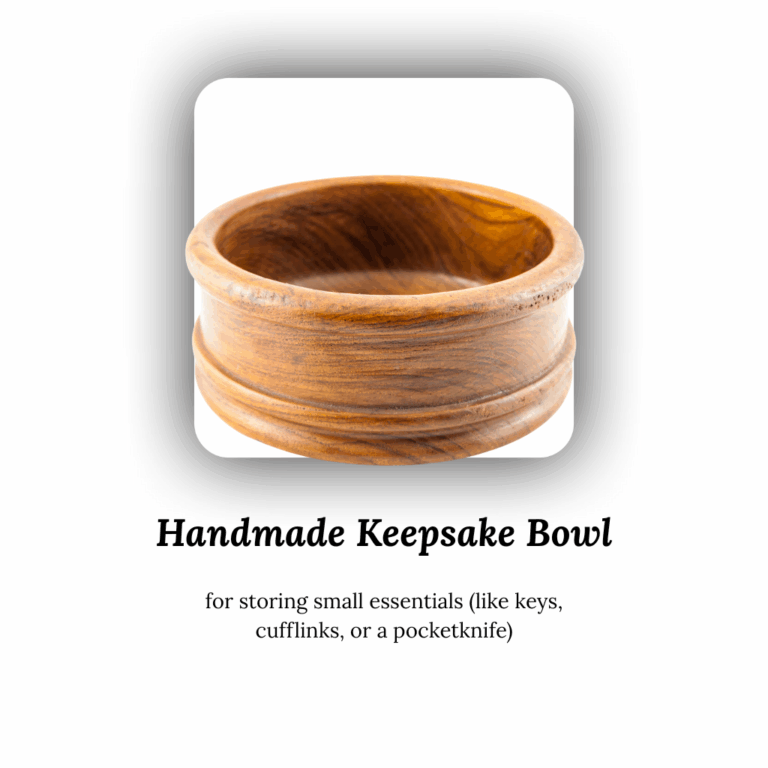 Handmade wooden keepsake bowl on a white background.