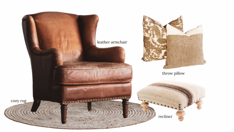 Brown leather armchair styled with neutral throw pillows, a cozy circular rug, and a woven recliner ottoman.