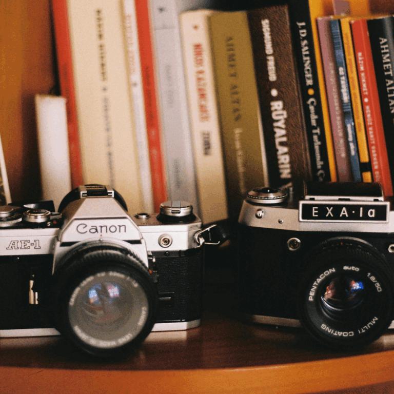 Canon and Exakta vintage cameras on bookshelf