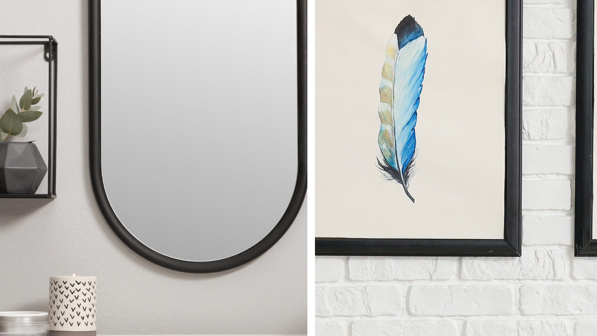 Minimalist entryway wall with arched mirror and framed feather artwork