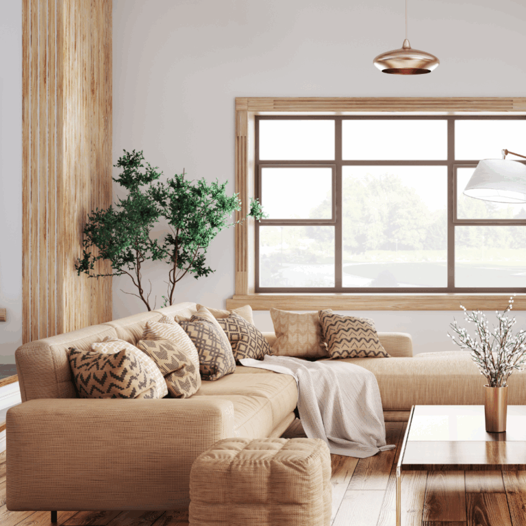 Japandi-style living room with beige sofa, patterned pillows, and indoor plants near a large window