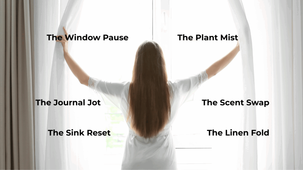 Woman opening curtains in a bright room with six labeled mini rituals: The Window Pause, The Plant Mist, The Journal Jot, The Scent Swap, The Sink Reset, and The Linen Fold