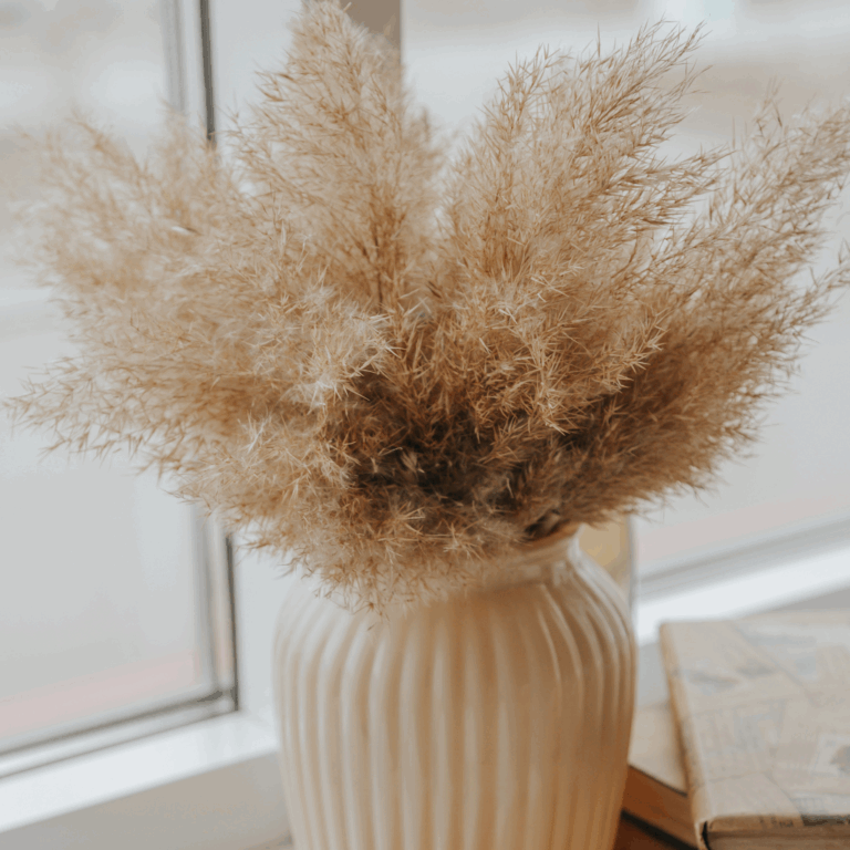 Neutral-toned ceramic vase with pampas grass displayed on a windowsill
