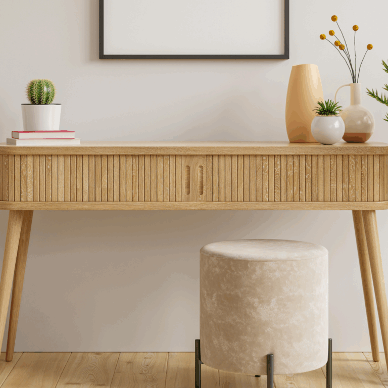 Wood console table decorated with minimalist textured ceramic vases and small indoor plants