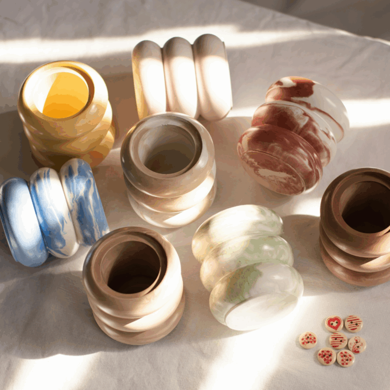 Assorted handcrafted ceramic vessels with unique shapes and colors on a linen tablecloth