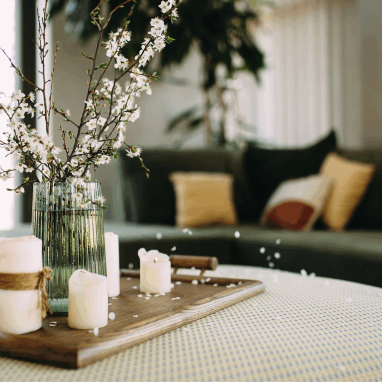 White spring blossoms in a green glass vase with candles on a wooden tray