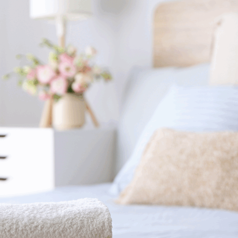 Soft-focus bedside table with pink flowers in a ceramic vase