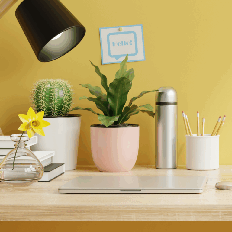 Yellow daffodil and houseplants on a tidy desk with yellow wall background