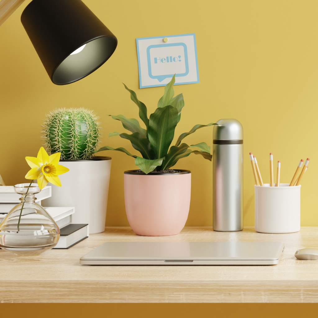 Yellow daffodil and houseplants on a tidy desk with yellow wall background