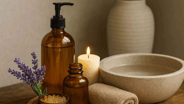 Amber glass bottles, lavender sprig, bath salts, candle, towel, and ceramic bowl arranged on a wooden table for a calming home spa setup, with a potted plant in the background.
