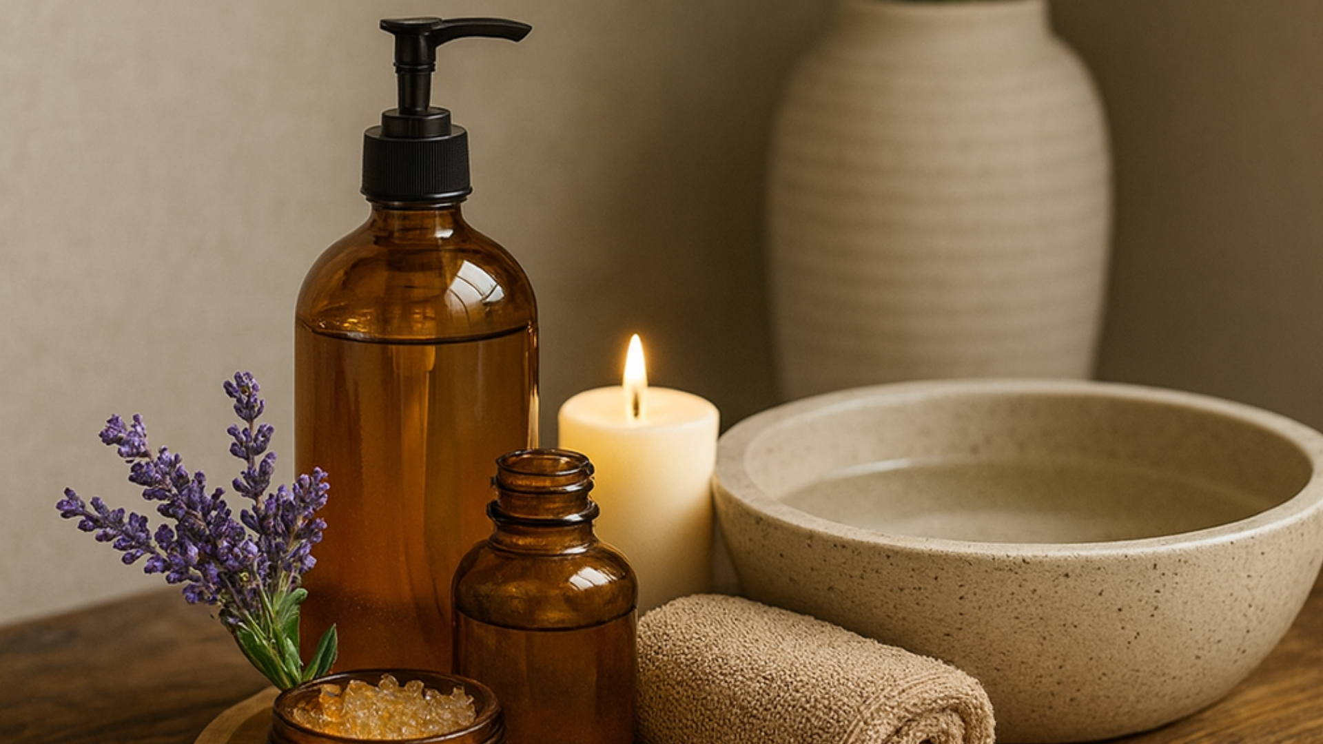 Amber glass bottles, lavender sprig, bath salts, candle, towel, and ceramic bowl arranged on a wooden table for a calming home spa setup, with a potted plant in the background.