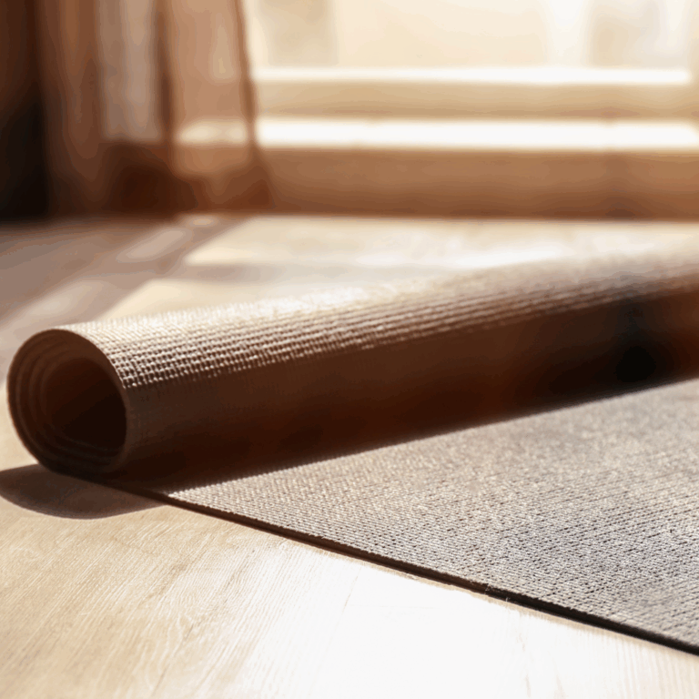 Rolled-out yoga mat catching soft natural light on a wooden floor, ideal for a calming morning wellness routine.