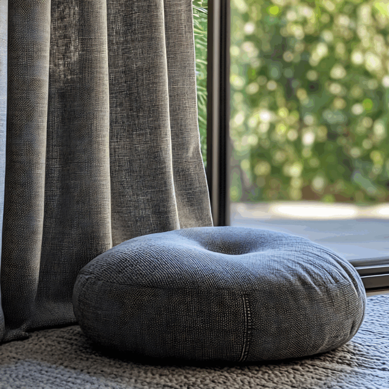 Round gray meditation cushion beside textured curtains and a sunlit window, designed for mindful moments in a cozy corner.