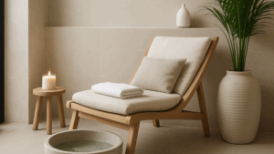 Minimalist spa corner with a beige lounge chair, soft cushion, rolled towel, wooden stool with a lit candle, potted palm plant, and a round stone foot basin, styled for a calming home retreat.