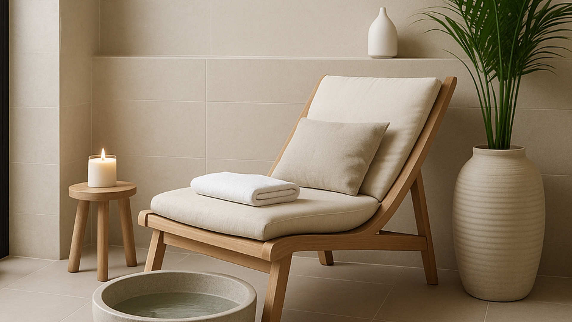 Minimalist spa corner with a beige lounge chair, soft cushion, rolled towel, wooden stool with a lit candle, potted palm plant, and a round stone foot basin, styled for a calming home retreat.