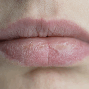 Close-up of human lips showing signs of dryness and chapping.