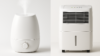 Side-by-side image of a modern white humidifier and a white dehumidifier on a clean background