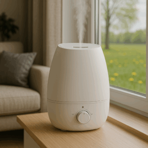 Humidifier in a modern living room with a spring landscape of green grass and blooming dandelions outside the window.