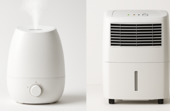 Side-by-side image of a modern white humidifier and a white dehumidifier on a clean background