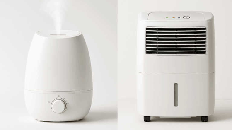 Side-by-side image of a modern white humidifier and a white dehumidifier on a clean background