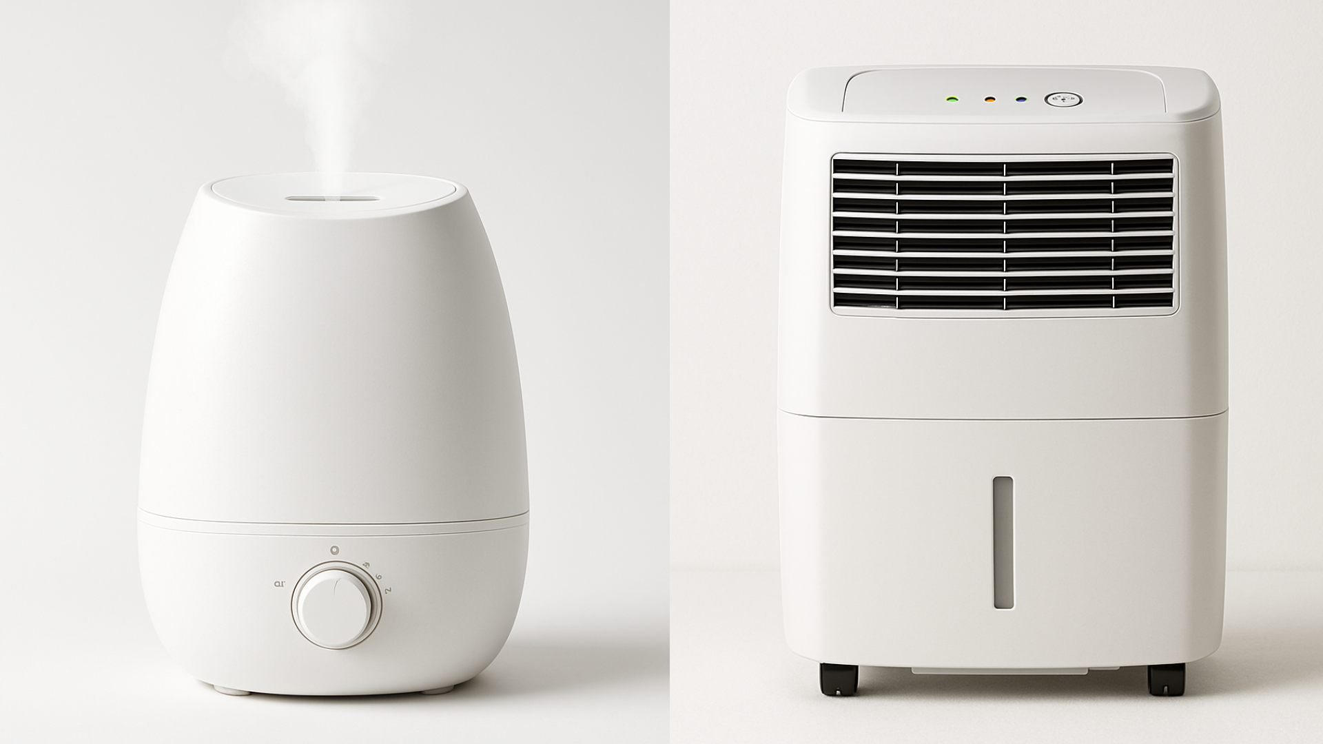 Side-by-side image of a modern white humidifier and a white dehumidifier on a clean background