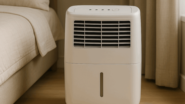 Modern white dehumidifier in a softly lit bedroom beside a beige bed