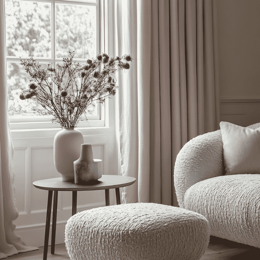 A calming fall reading nook featuring a boucle armchair, matching pouf, and minimalist ceramic vases with dried florals on a round wooden side table by a bright window.