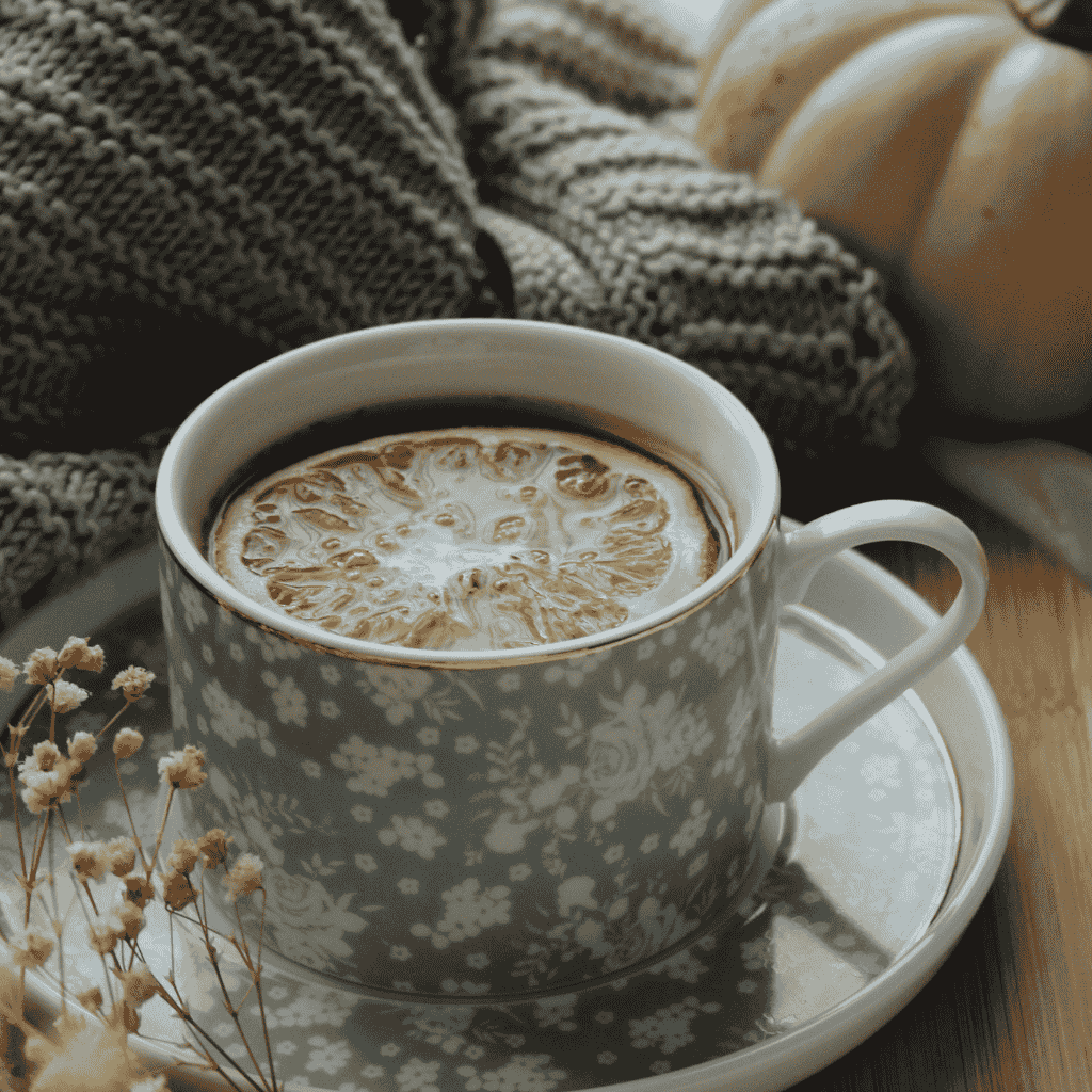 Cozy tabletop with a face-shaped planter, mushroom cup, and book.