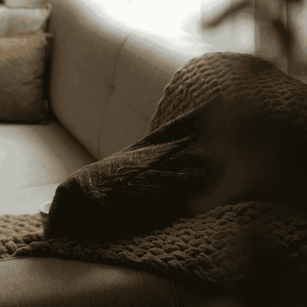 A gray sofa with a brown knitted blanket and pillow in soft lighting.