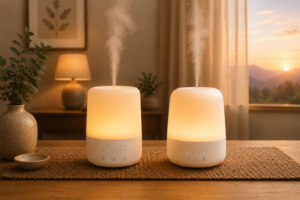 ASAKUKI and InnoGear 500ml essential oil diffusers side-by-side, both misting in a warm minimalist bedroom spa nook.