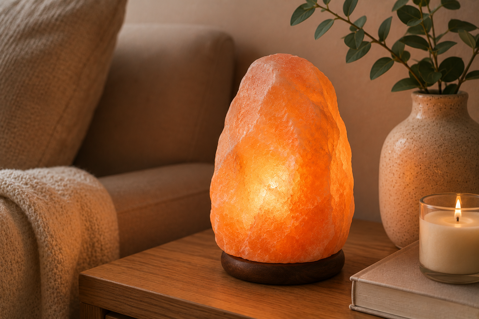 Glowing pink Himalayan salt lamp on a wood side table beside a candle, eucalyptus vase, and beige armchair.