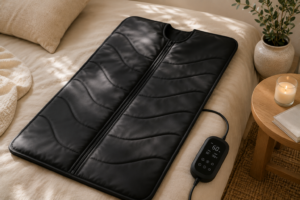 Black infrared sauna blanket unrolled on a bed with digital controller, candle, eucalyptus, and linen bedding.