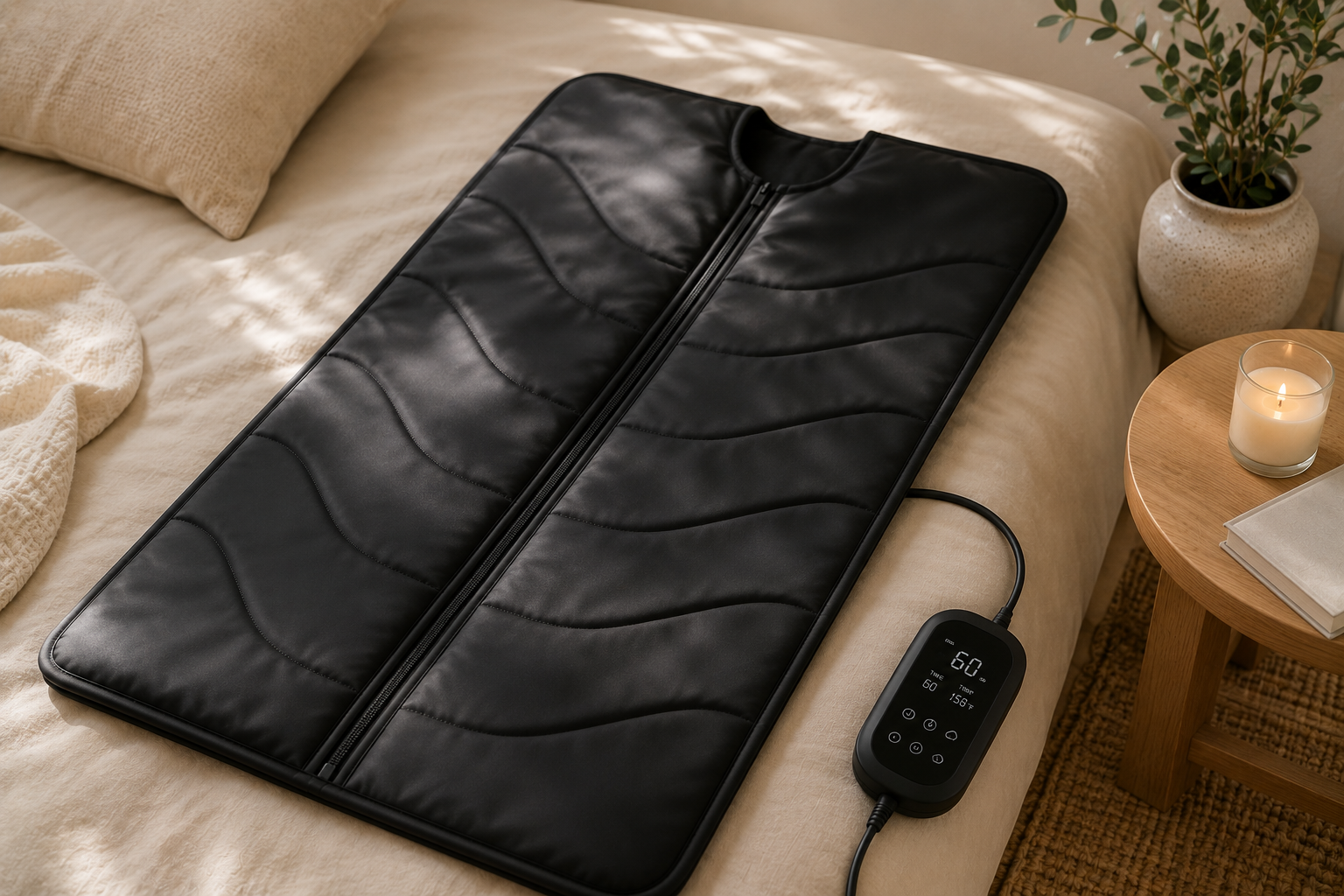 Black infrared sauna blanket unrolled on a bed with digital controller, candle, eucalyptus, and linen bedding.