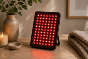 Red light therapy panel glowing on a wood console in a minimalist home with eucalyptus, candle, and folded throw.