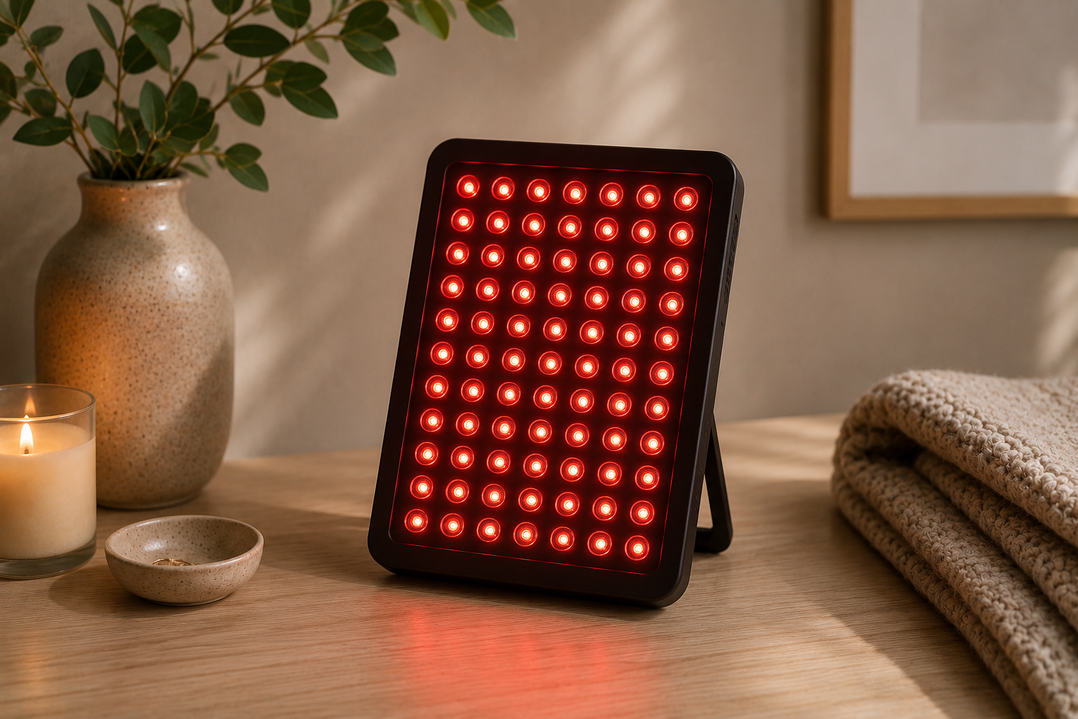 Red light therapy panel glowing on a wood console in a minimalist home with eucalyptus, candle, and folded throw.